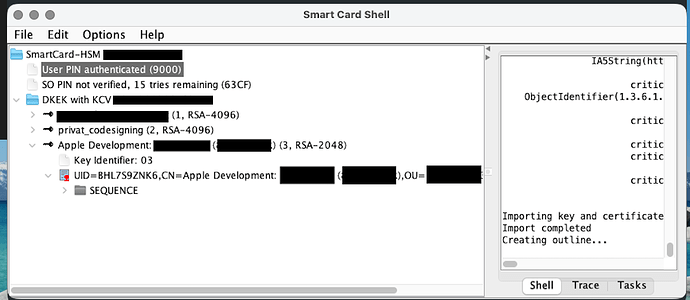 Screenshot of Smart Card Shell displaying the correct apple development certificate